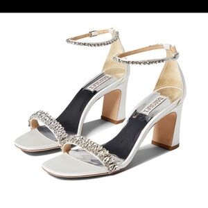 Badgley Mischka White and Silver Crystal Ankle-Strap Block Heel Sandals